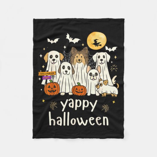 ハロウィンの幸せな楽しい犬の幽霊たち ハロウィン フリースブランケット (正面)
