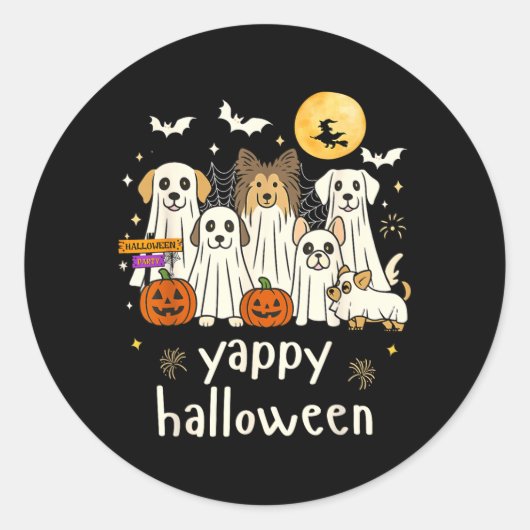 ハロウィンの幸せな楽しい犬の幽霊 ハロウィン ラウンドシール (正面)