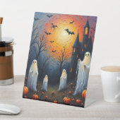 ハロウィンの幽霊がジャックオーランタンの中に 台座サイン (インサイチュ)