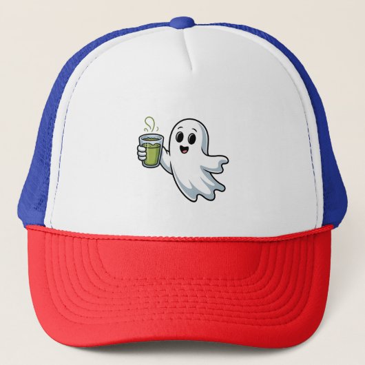 ハロウィンの幽霊が抹茶を持っている  キャップ (正面)