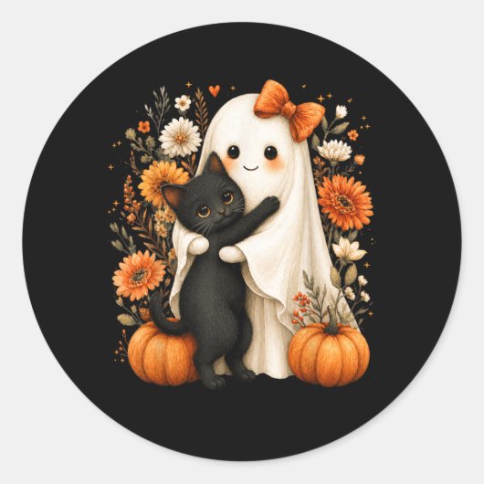 ハロウィンの幽霊が黒猫のかぼちゃの花を抱える ラウンドシール (正面)