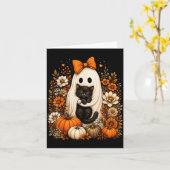 ハロウィンの幽霊が黒猫のかぼちゃの花を持つ カード (黄色い花)