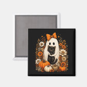 ハロウィンの幽霊が黒猫のかぼちゃの花を持つ マグネット (正面/裏面)