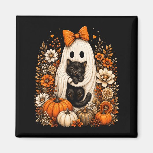 ハロウィンの幽霊が黒猫のかぼちゃの花を持つ マグネット (正面)