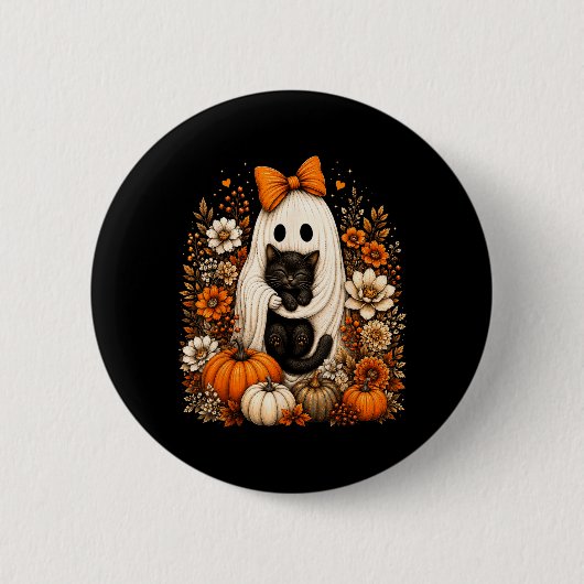 ハロウィンの幽霊が黒猫のかぼちゃの花を持つ 缶バッジ (正面)
