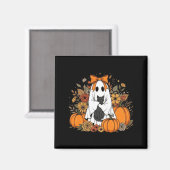 ハロウィンの幽霊が黒猫を持つグルービーな花柄 マグネット (正面/裏面)