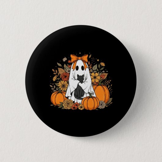 ハロウィンの幽霊が黒猫を持つグルービーな花柄 缶バッジ (正面)
