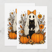 ハロウィンの幽霊が黒猫を持つ セーブザデート (正面/裏面)