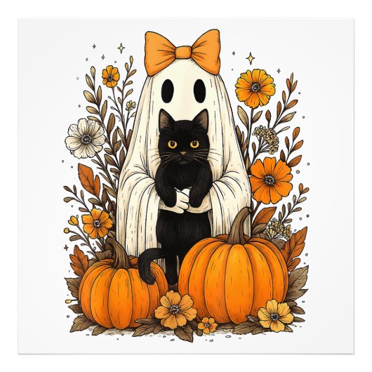 ハロウィンの幽霊が黒猫を持つ フォトプリント            (正面)