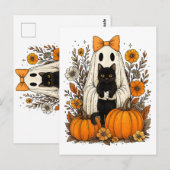 ハロウィンの幽霊が黒猫を持つ ポストカード (正面/裏面)