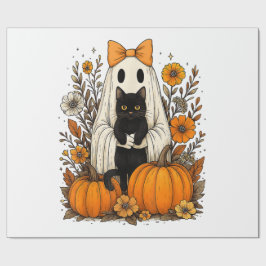 ハロウィンの幽霊が黒猫を持つ ラッピングペーパー
