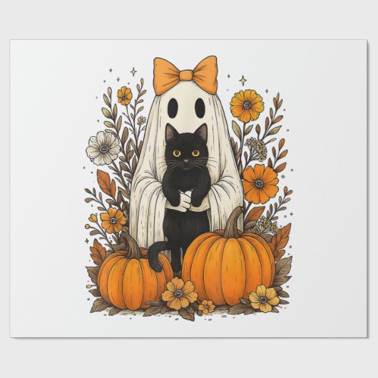 ハロウィンの幽霊が黒猫を持つ ラッピングペーパー (フラット)