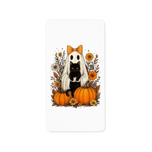 ハロウィンの幽霊が黒猫を持つ  ラベル (正面)