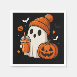 ハロウィンの幽霊とカボチャとドリンクの可愛いデザイン スタンダードカクテルナプキン