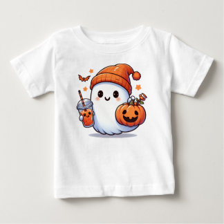 ハロウィンの幽霊とカボチャとハロウィンドリンクの可愛いデザイン ベビーTシャツ