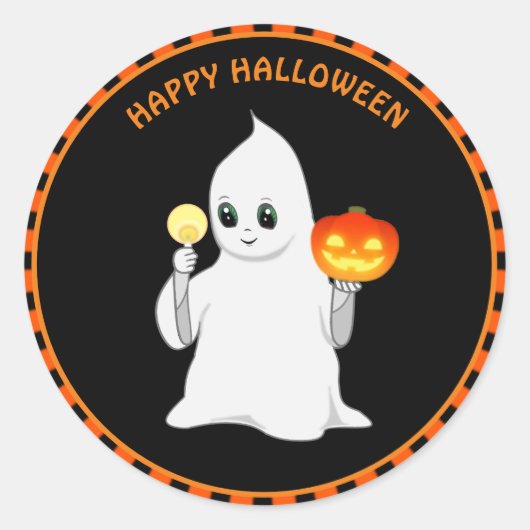 ハロウィンの幽霊とカボチャ ラウンドシール (正面)