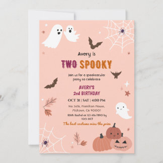 ハロウィンの幽霊とコウモリのピーチ色の2歳の誕生日 招待状