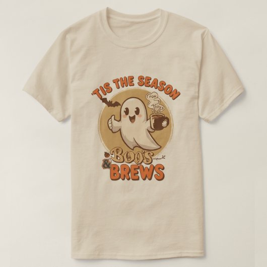 ハロウィンの幽霊とコーヒー Tシャツ (デザイン正面)