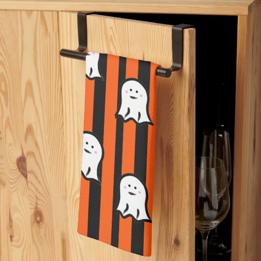 ハロウィンの幽霊とストライプ キッチンタオル (三つ折り)