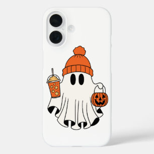 ハロウィンの幽霊とパンプキンバスケットとアイスラテ iPhone 16ケース