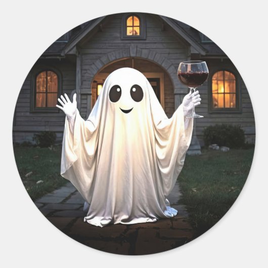ハロウィンの幽霊とワイン ラウンドシール (正面)
