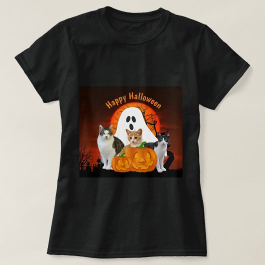 ハロウィンの幽霊と墓場の猫たち Tシャツ (デザイン正面)