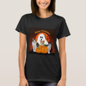 ハロウィンの幽霊と墓場の猫たち Tシャツ (正面)