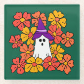 ハロウィンの幽霊と秋の花 ガラスコースター (正面)