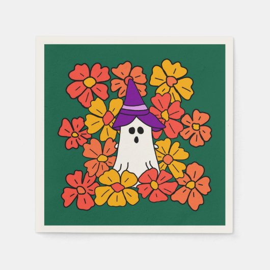 ハロウィンの幽霊と秋の花 スタンダードカクテルナプキン (正面)