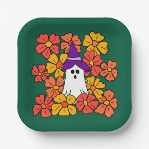 ハロウィンの幽霊と秋の花 ペーパープレート