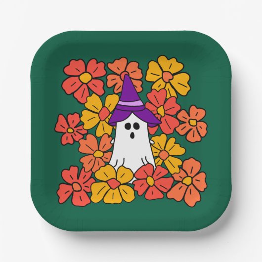 ハロウィンの幽霊と秋の花 ペーパープレート (正面)