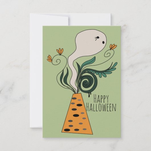 ハロウィンの幽霊と緑の草花の落書き カード (正面)