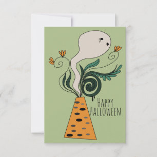 ハロウィンの幽霊と緑の草花の落書き カード