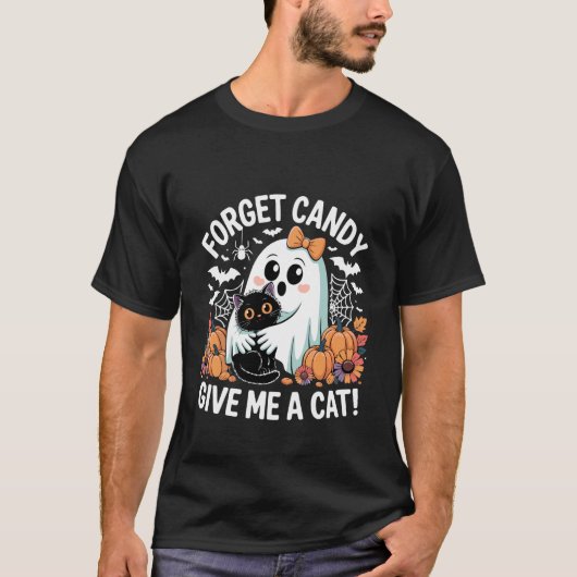 ハロウィンの幽霊に猫をちょうだい キャンディは忘れて 黒猫 Tシャツ (正面)