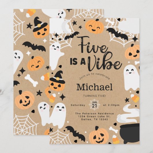 ハロウィンの幽霊のかぼちゃの5歳の誕生日パーティー 招待状 (正面/裏面)