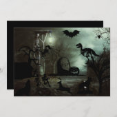 ハロウィンの幽霊のよく出る背景に家と墓  招待状 (正面/裏面)