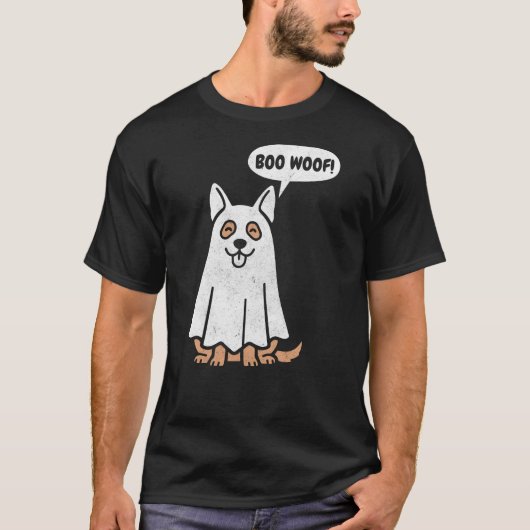 ハロウィンの幽霊のジャーマンシェパードの面白いデザイン Tシャツ (正面)