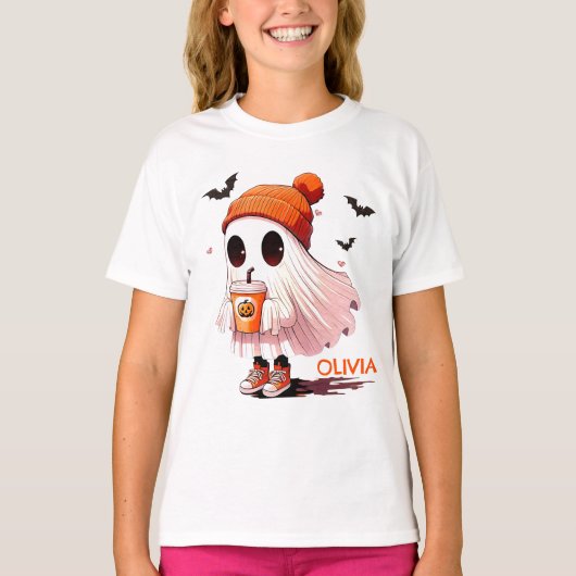 ハロウィンの幽霊の帽子付きドリンクバット かわいい秋 Tシャツ (正面)