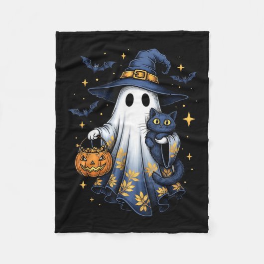 ハロウィンの幽霊の魔女が黒猫を持つ面白いハロウィン フリースブランケット (正面)