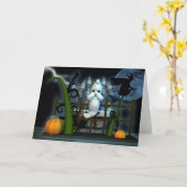 ハロウィンの幽霊の魔法使いのラットおよびカラスのおびえさせていた幽霊 カード (黄色い花)