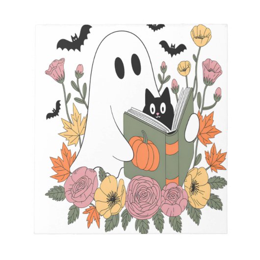 ハロウィンの幽霊を読んでいる本の猫 ノートパッド (正面)