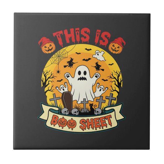 ハロウィンの幽霊墓地の面白いお化けシート タイル (正面)