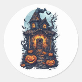 ハロウィンの幽霊屋敷とカボチャ – スプーキー ラウンドシール