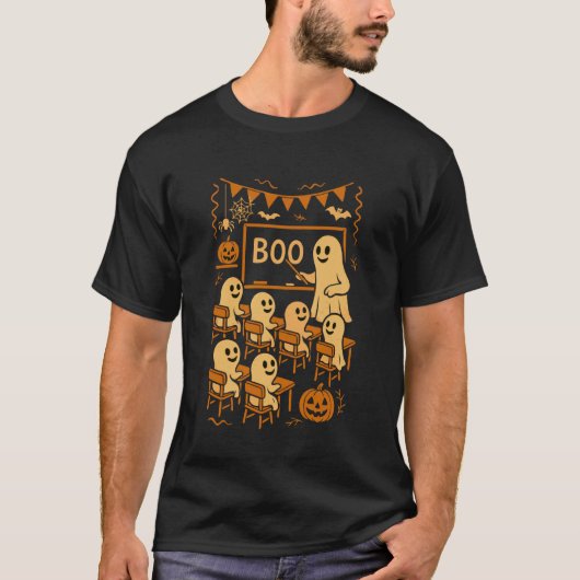 ハロウィンの幽霊教師が生徒にブーを教えている Tシャツ (正面)