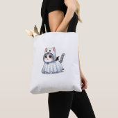 ハロウィンの幽霊衣装を着た猫 トートバッグ (クローズアップ)