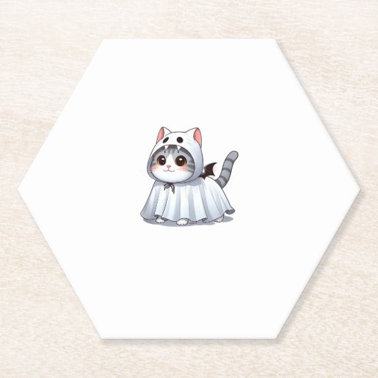 ハロウィンの幽霊衣装を着た猫 ペーパーコースター (正面)