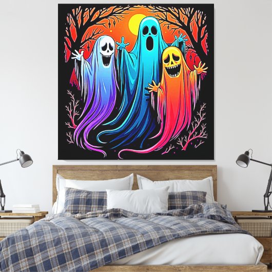 ハロウィンの幽霊3体デザイン キャンバスプリント (インサイチュ (寝室))