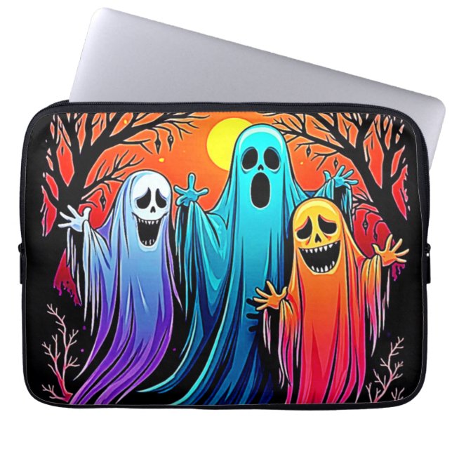 ハロウィンの幽霊3体デザイン ラップトップスリーブ (正面)