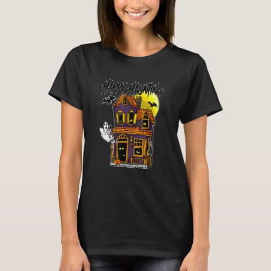 ハロウィンの幽霊 コウモリ 月 お化け屋敷 Tシャツ (正面)