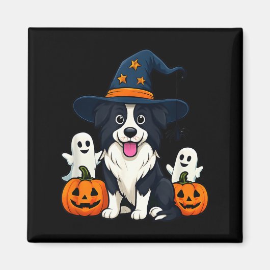 ハロウィンの幽霊 ボーダーコリー 黒と白 マグネット (正面)